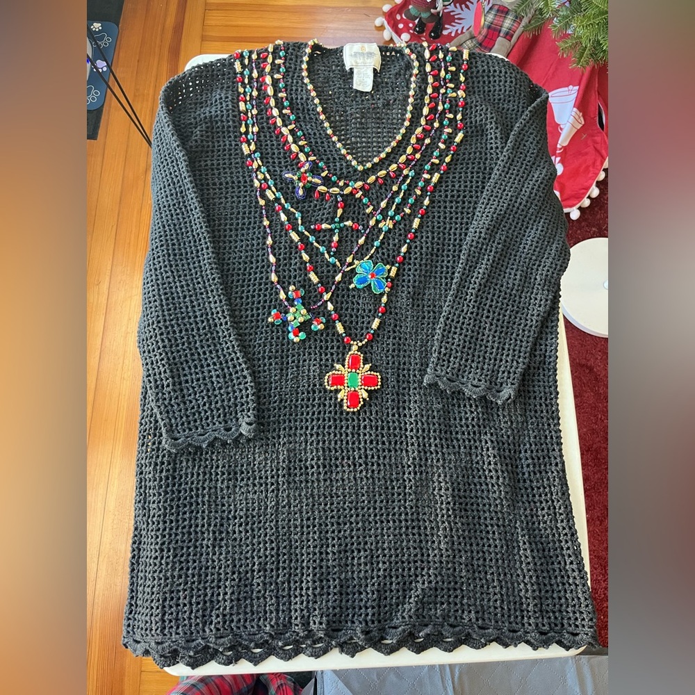Express Tricot Black Crochet Hand-knitted Sweater with Holiday Beaded Design